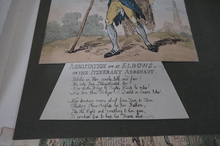 Charles Williams (fl.1797-1830), coloured engraving, 'National Pursuits, Town Talk', 1812, 31 x 48cm. & Thomas Rowlandson, coloured etching, 'Aerostation out at Elbows or the Itinerant Aeronaut', 1785, 31 x 21cm. Conditi